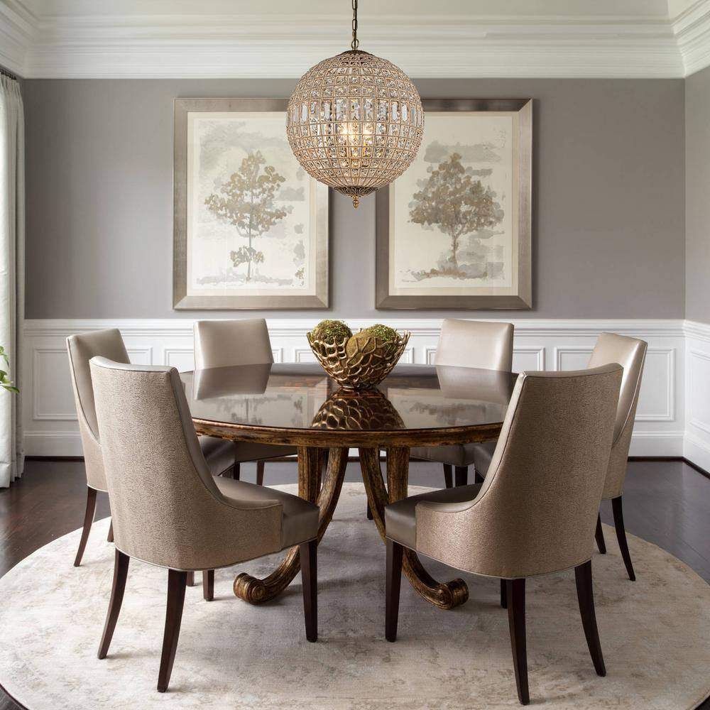 3-Light 18 In. Handcrafted Crystal Chandelier in Antique Gold Vintage French Globe Pendant Light with K9 Crystal Beads