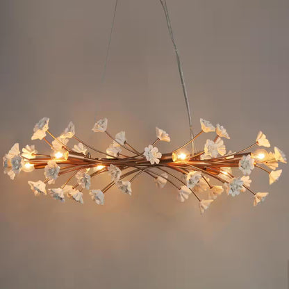 Modern Gold Bedroom Kitchen Chandelier Light, 32 In. 6-Light Linear Dining Room Hanging Light with White Ceramic Flowers