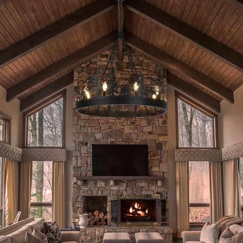 8-Light Black Ambient Rustic Chandelier Wagon Wheel Farmhouse Chandelier for Dining Living Room Foyer