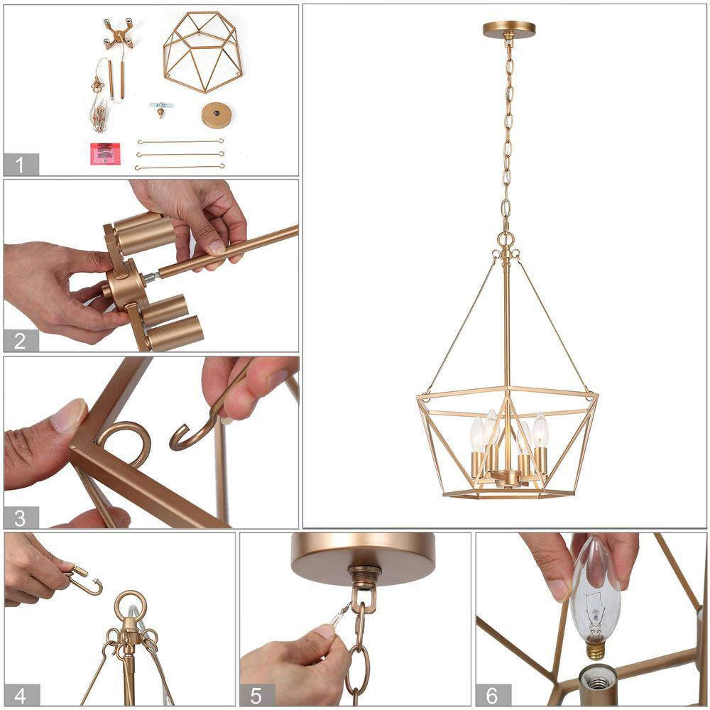 Modern Gold Dining Room Chandelier, 15.7 In. 4-Light Farmhouse Cage Bedroom Chandelier Pendant Light for Kitchen Island