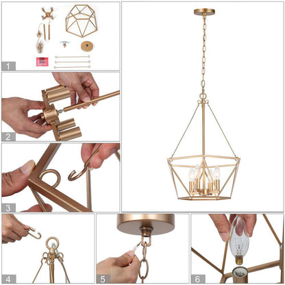 Modern Gold Dining Room Chandelier, 15.7 In. 4-Light Farmhouse Cage Bedroom Chandelier Pendant Light for Kitchen Island