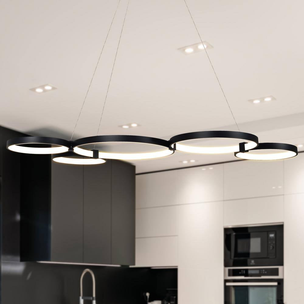 Capella 80-Watt ETL Certified Integrated LED Black Chandelier Height Adjustable 50 In. Pendant Light with 5 LED Circles