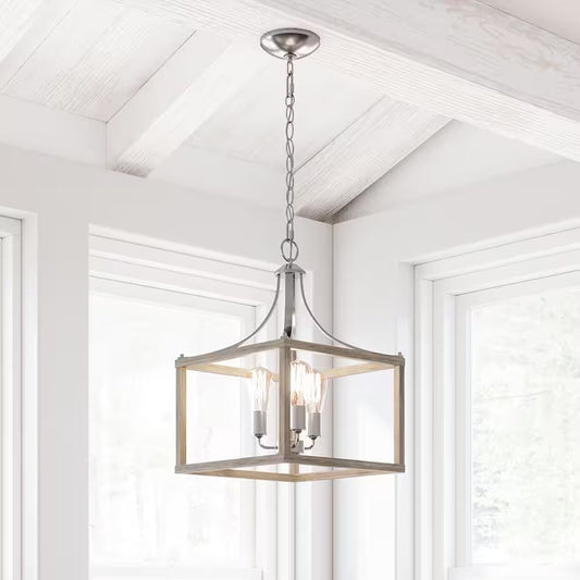 Boswell Quarter 14 In. 3-Light Brushed Nickel Farmhouse Square Chandelier with Painted Weathered Gray Wood Accents