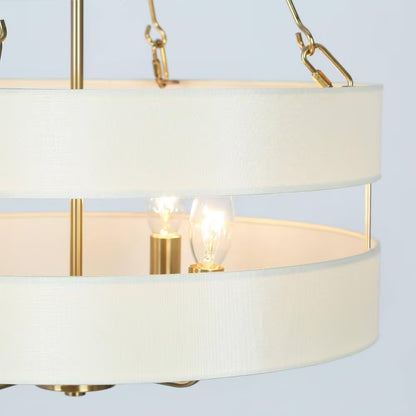 Transitional Brass Dining Room Drum Chandelier with Fabric Shade, 4-Light Craftsman Kitchen Island Bedroom Chandelier