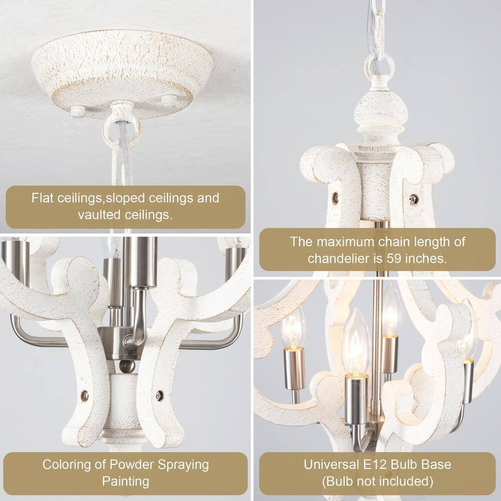 Eron 4-Light Nickel Orb Farmhouse Chandelier Rustic Antique Wooden White Shade French Country Kitchen Island Pendant