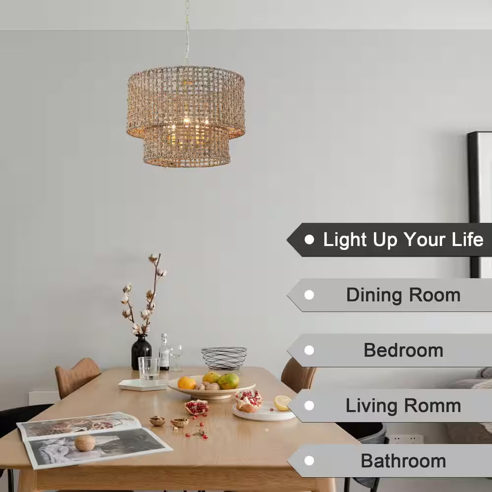 5-Light Gold Bohemian Chandelier 2-Tier Rattan Drum Pendant Light for Living Room