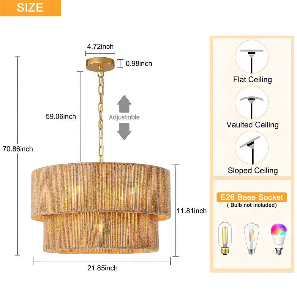 5-Light Yellow Bohemian 2-Tier Hand-Woven Rattan Drum Chandelier