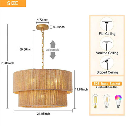 5-Light Yellow Bohemian 2-Tier Hand-Woven Rattan Drum Chandelier