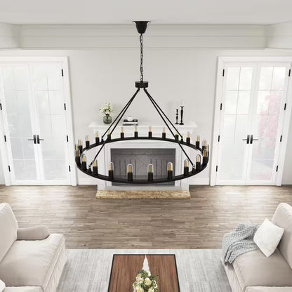 Industrial 24-Light Vintage Black Wagon Wheel Chandelier