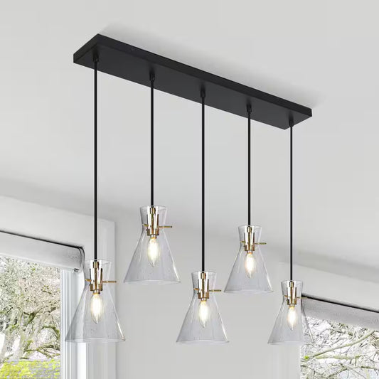 Farmhouse Black Kitchen Chandelier, 33 In. 5-Light Plated Gold Transitional Island Seeded Pendant Light for Dining Room