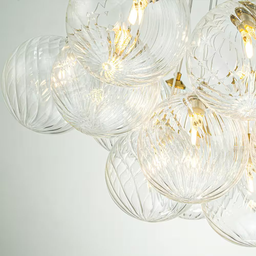 Bolton 19-Light Brass Modern Bubble Cluster, Sputnik Globe Bubble Chandelier with Swirled Glass Shades for Living Room