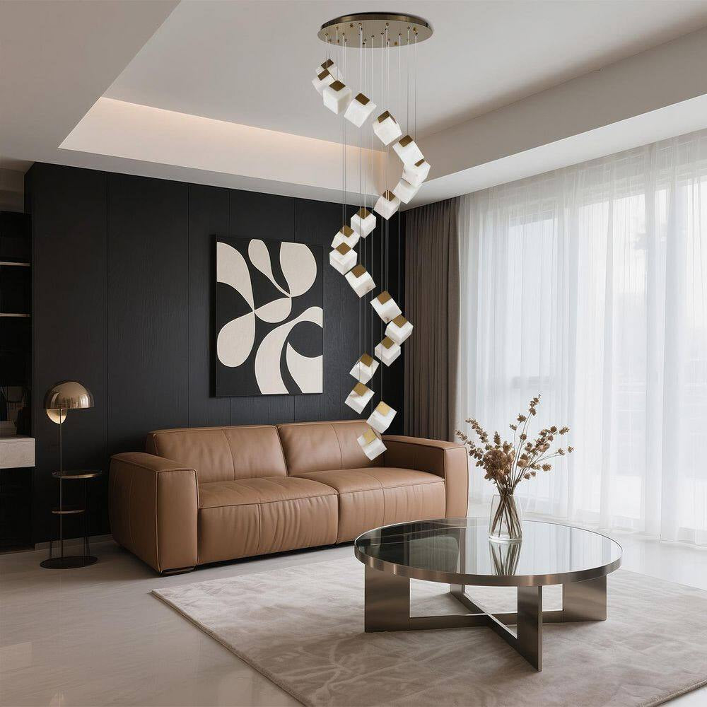 138 In. 20 Light Gold Dimmable Alabaster Cluster Chandelier Haning Pendant for Staircase with Alabaster Shade