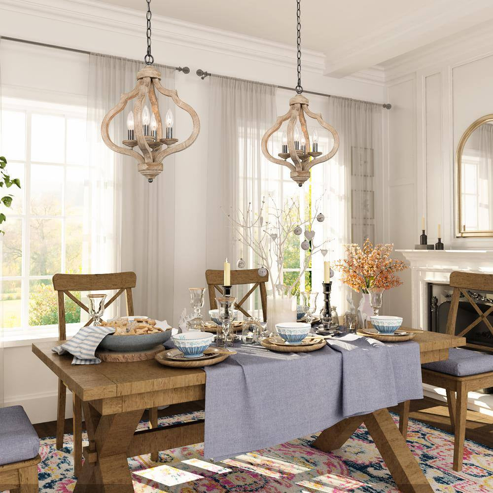 Lantern Wood Pendant 4-Light Cage Brown Rustic Chandelier Dining Room Island Chandelier with Farmhouse Candle Style