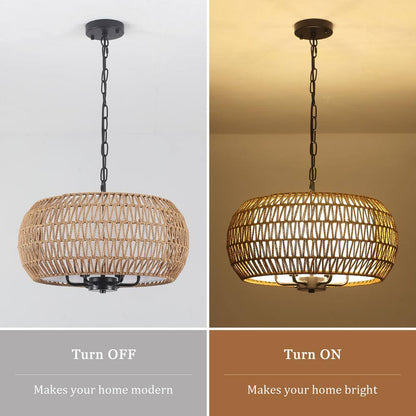 6-Light Black Bohemian Drum Chandelier with Straw Woven Shade for Kitchen Island