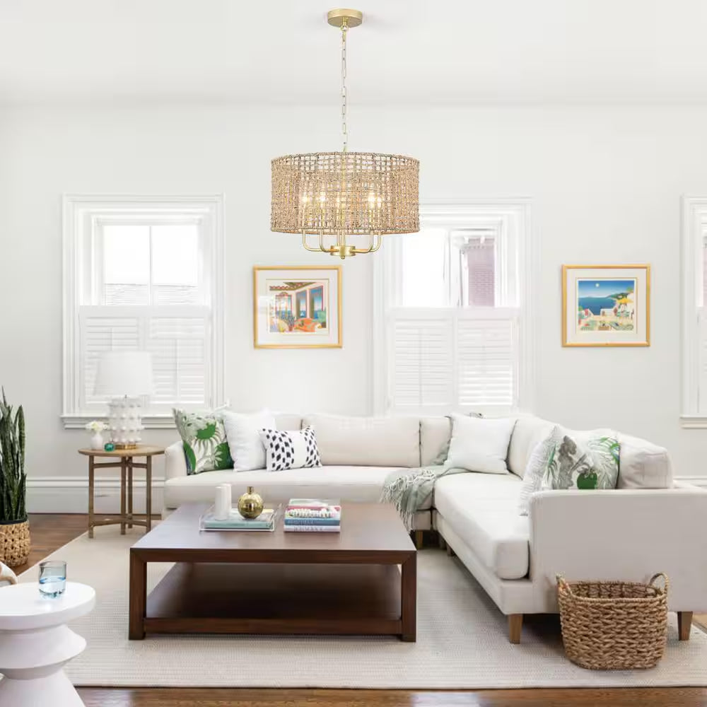 18.89 In. 5-Light Golden Bohemian Pendant Design Drum Chandelier with Natural Rattan Shade and No Bulbs Included