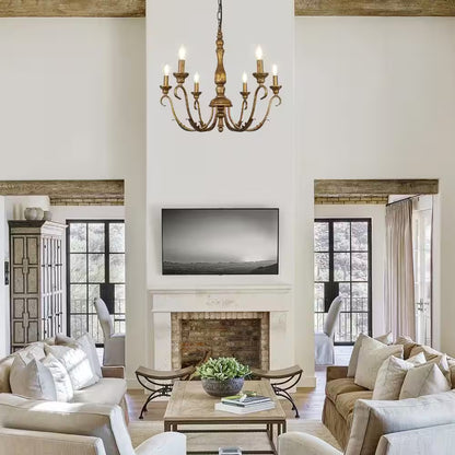 6-Light Distressed Brass Candle Style Farmhouse French Country Chandelier 23.62 In. for Dining Room Bedroom