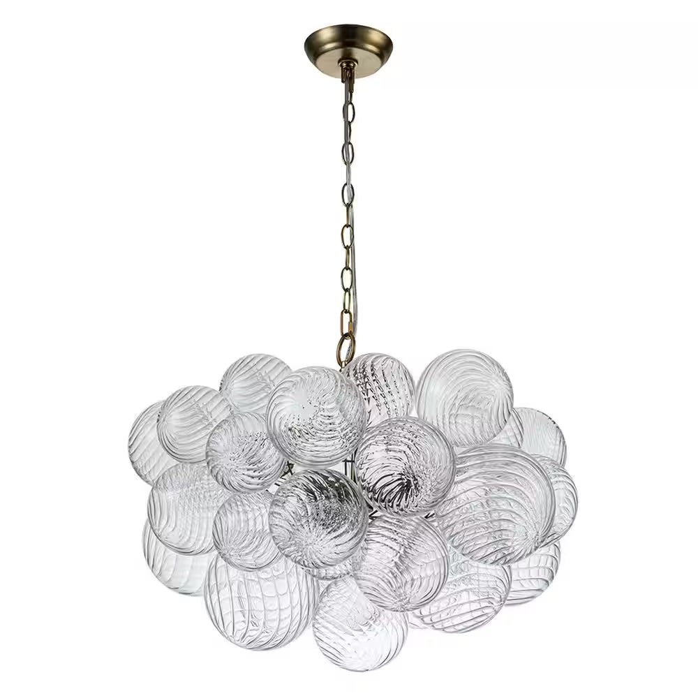 Neuvy 3-Light 23.6 In. W Brass Chandelier with Swirled-Glass Orb Cluster Bubble Ribbed Glass Chandelier for Living Room