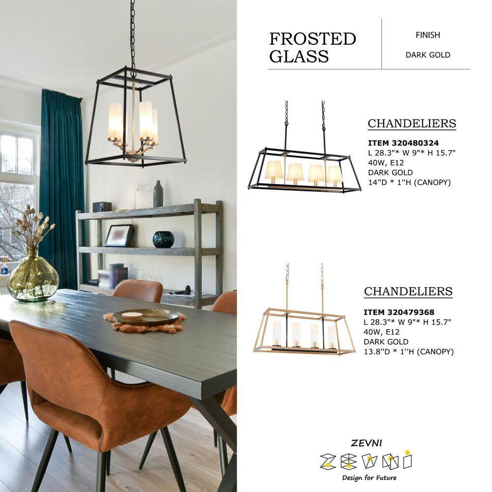 Industrial 4-Light Black Rectangle Chandelier with Frosted Glass Shades, Transitional Gold Pendant Light for Dining Room