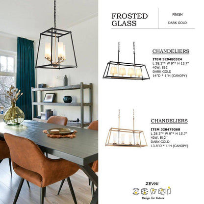 Industrial 4-Light Black Rectangle Chandelier with Frosted Glass Shades, Transitional Gold Pendant Light for Dining Room