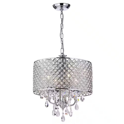 Marya 4-Light Modern Chrome round Chandelier with Beaded Drum Shade /Hanging Clear Glass Crystals