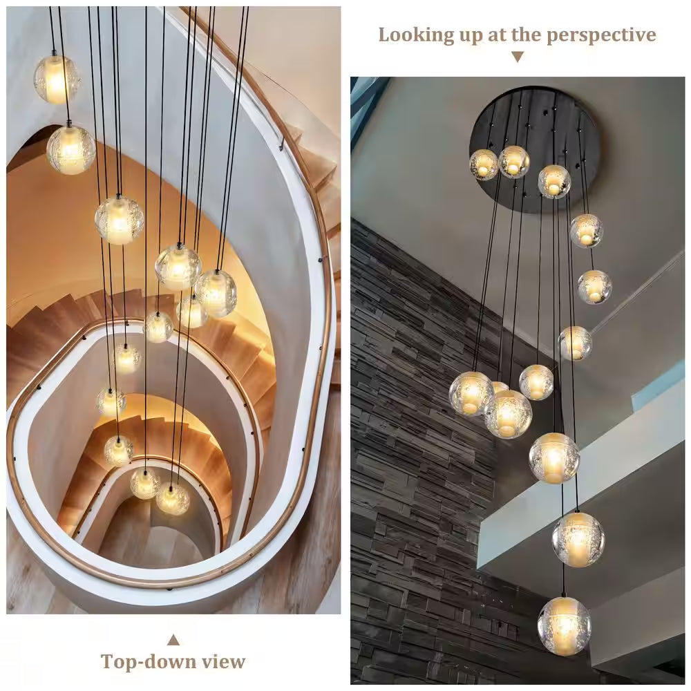120 In. H 14-Light Black Staircase Chandelier Modern Pendant Light W/Glass Shade for High Ceiling Living Room Entryfoyer