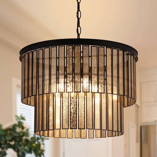 Hemera 4-Light Black Modern Drum Chandelier with 2-Tier Plated Mercury Glass Shade Living Room Silvered Hanging Light