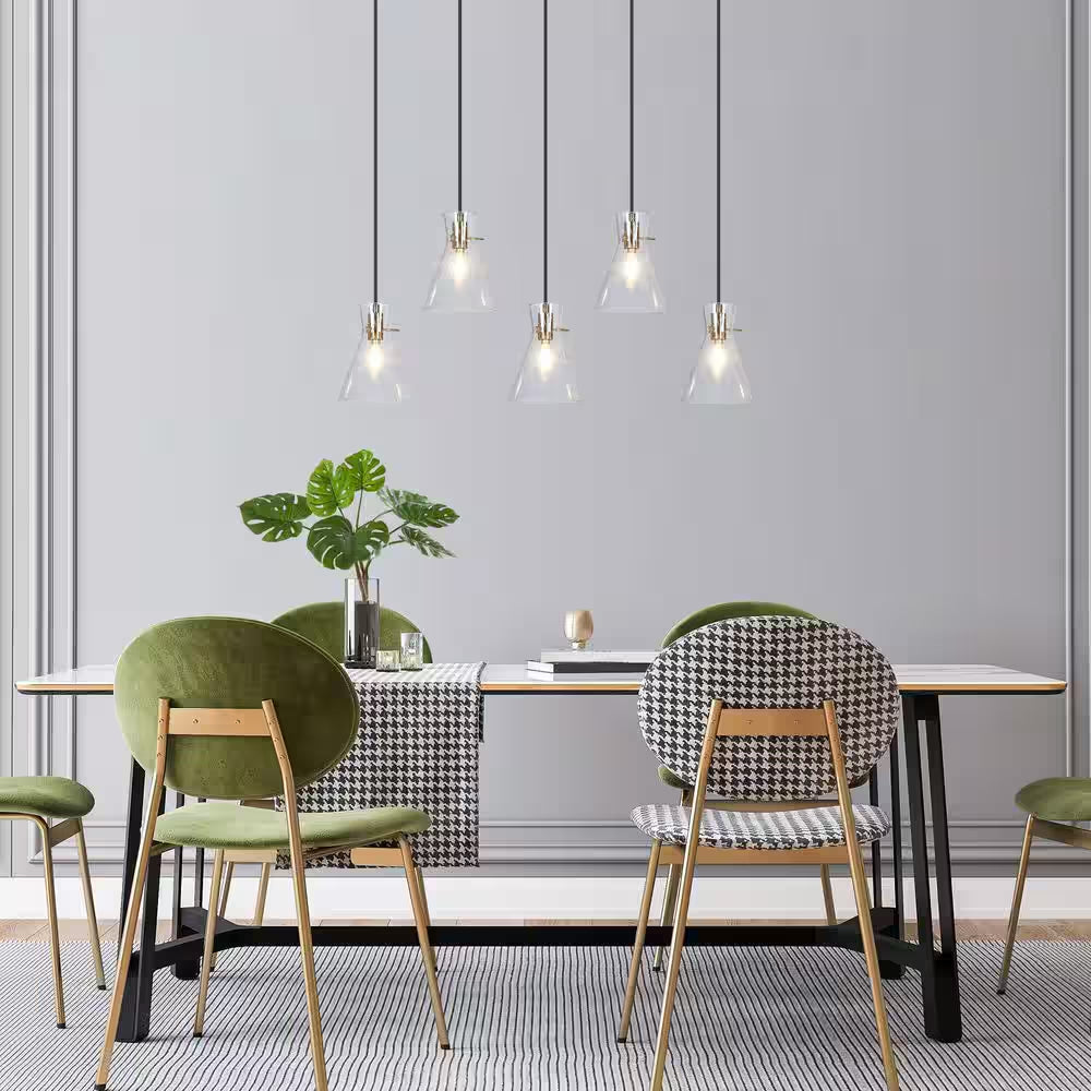 Farmhouse Black Kitchen Chandelier, 33 In. 5-Light Plated Gold Transitional Island Seeded Pendant Light for Dining Room