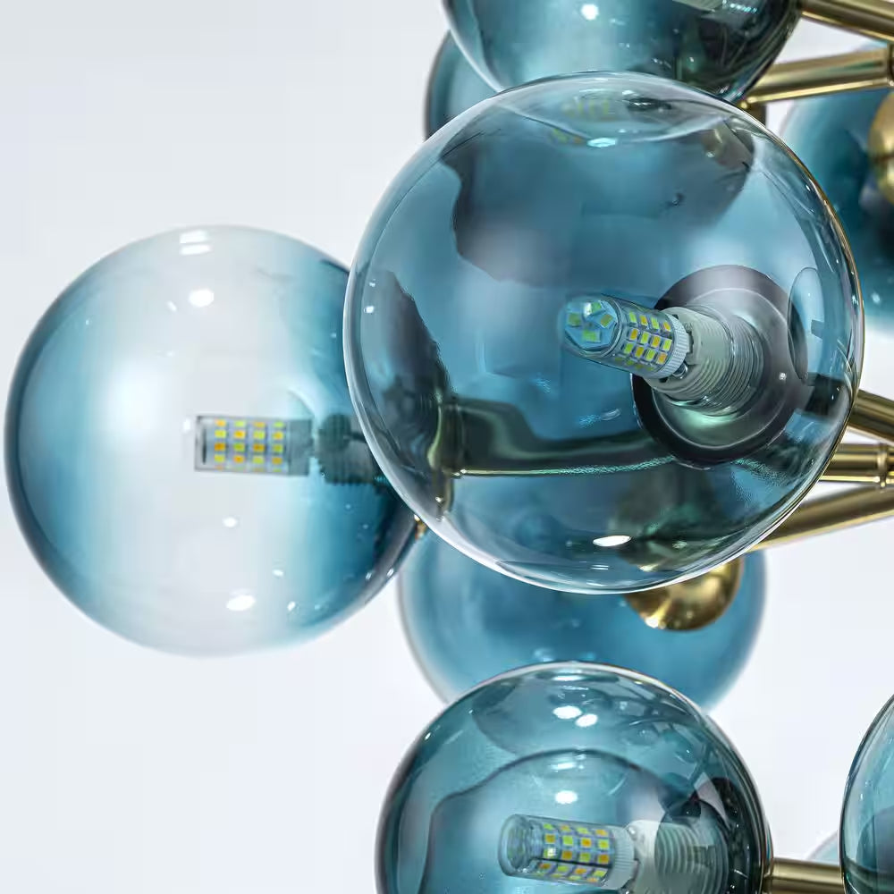 Alex 19-Light Brushed Gold Modern Glam Tiered Cluster Gradient Blue Glass Globe Bubble Chandelier for Dining Room