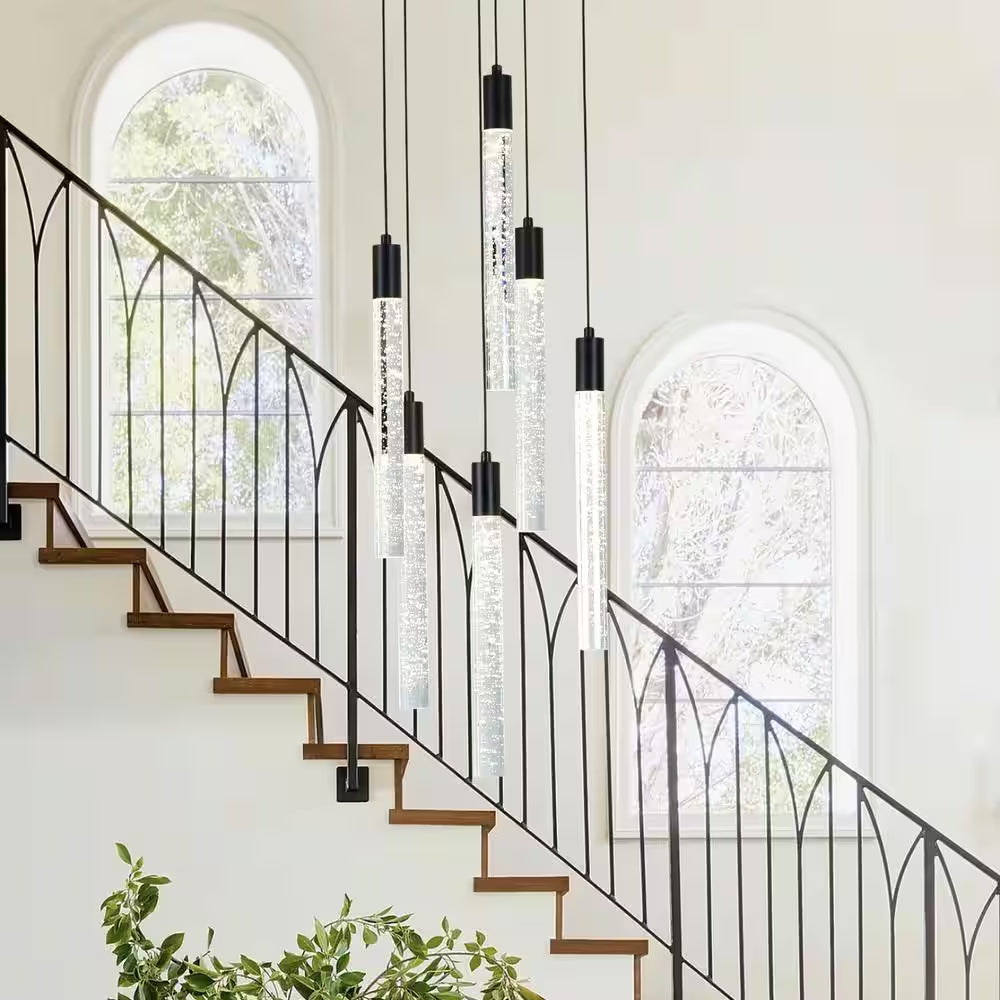 6-Light Dimmable Integrated LED Black Crystal Chandelier for Stairs Dining Room Hallway