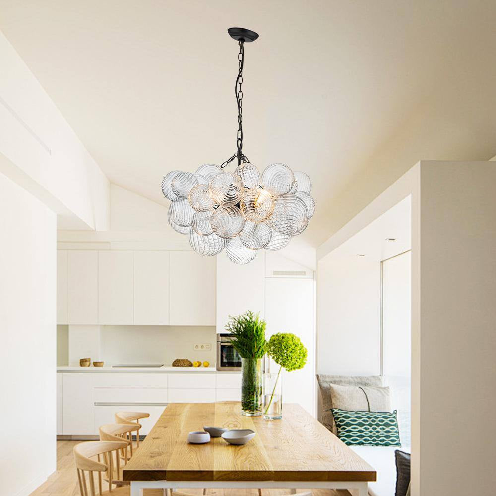 Neuvy 3-Light 23.6 In. W Black Chandelier with Swirled-Glass Orb Cluster Bubble Ribbed Glass Chandelier for Living Room