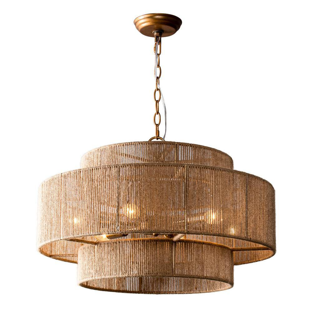 Farmhouse 6-Light Gold 2-Tiered Chandelier with Woven Rope Shade for Living Room Bedroom Dining Room