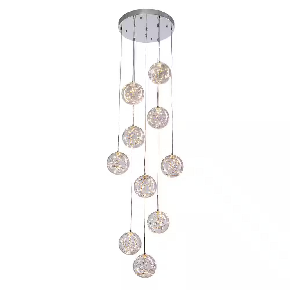 10-Light Chrome Modern LED Strip Chandelier with Clear Glass Shade for Foyer Entryway Lighting