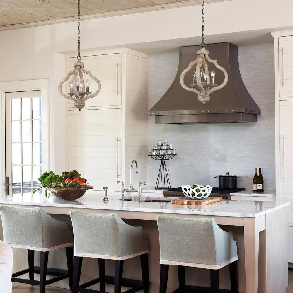 Lantern Wood Pendant 4-Light Cage Brown Rustic Chandelier Dining Room Island Chandelier with Farmhouse Candle Style