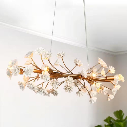 Modern Gold Bedroom Kitchen Chandelier Light, 32 In. 6-Light Linear Dining Room Hanging Light with White Ceramic Flowers
