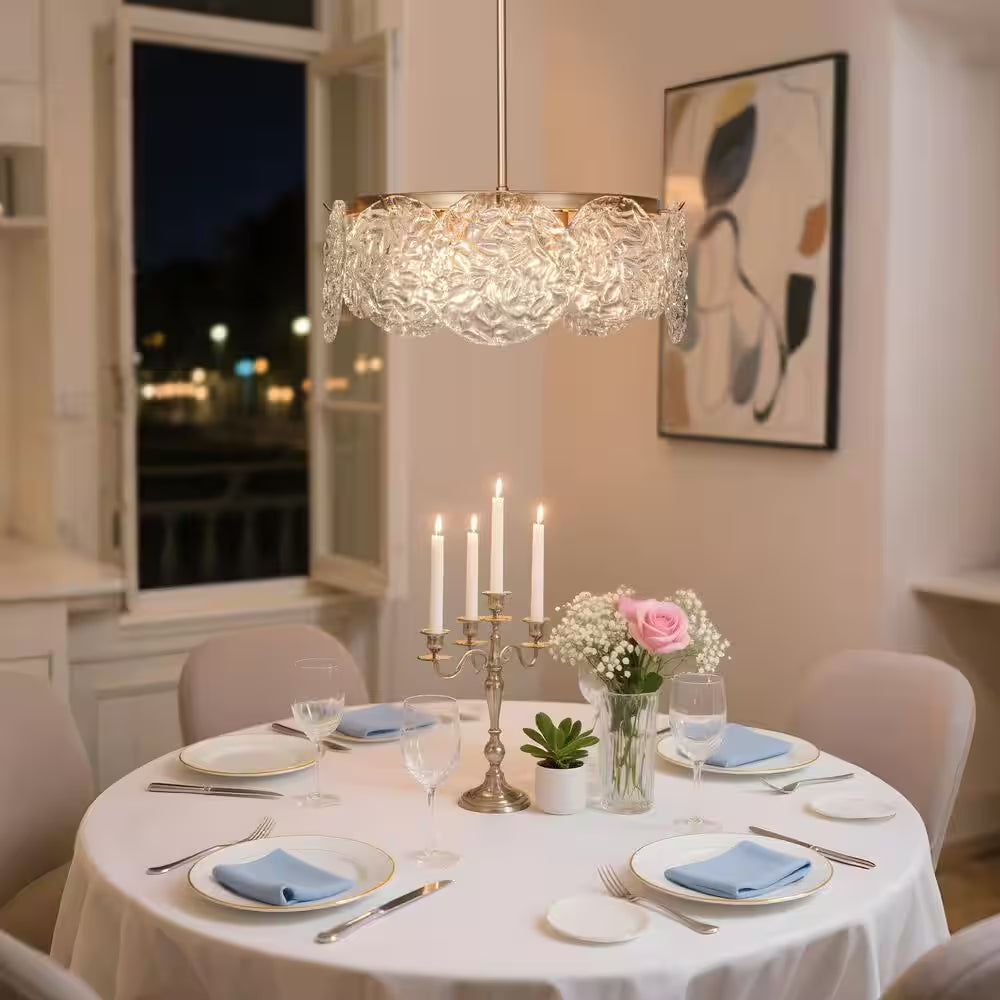 Wavelet 5-Light Dark Gold round Chandelier Lighting, Mid-Century Modern Pendant Light with Water Ripple Glass Shade