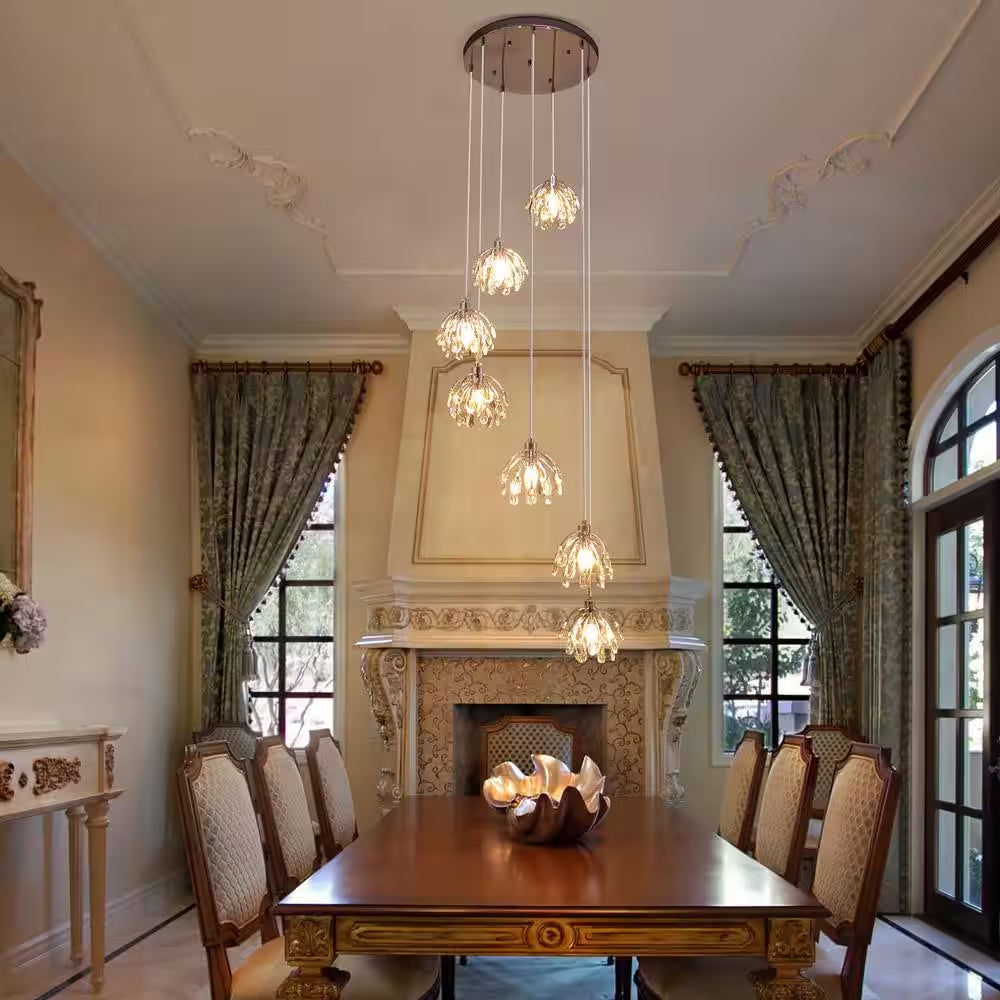 Adelman 7-Light Dimmable Modern Chrome Crystal Chandelier for Stairs Foyer High Ceiling Living Room