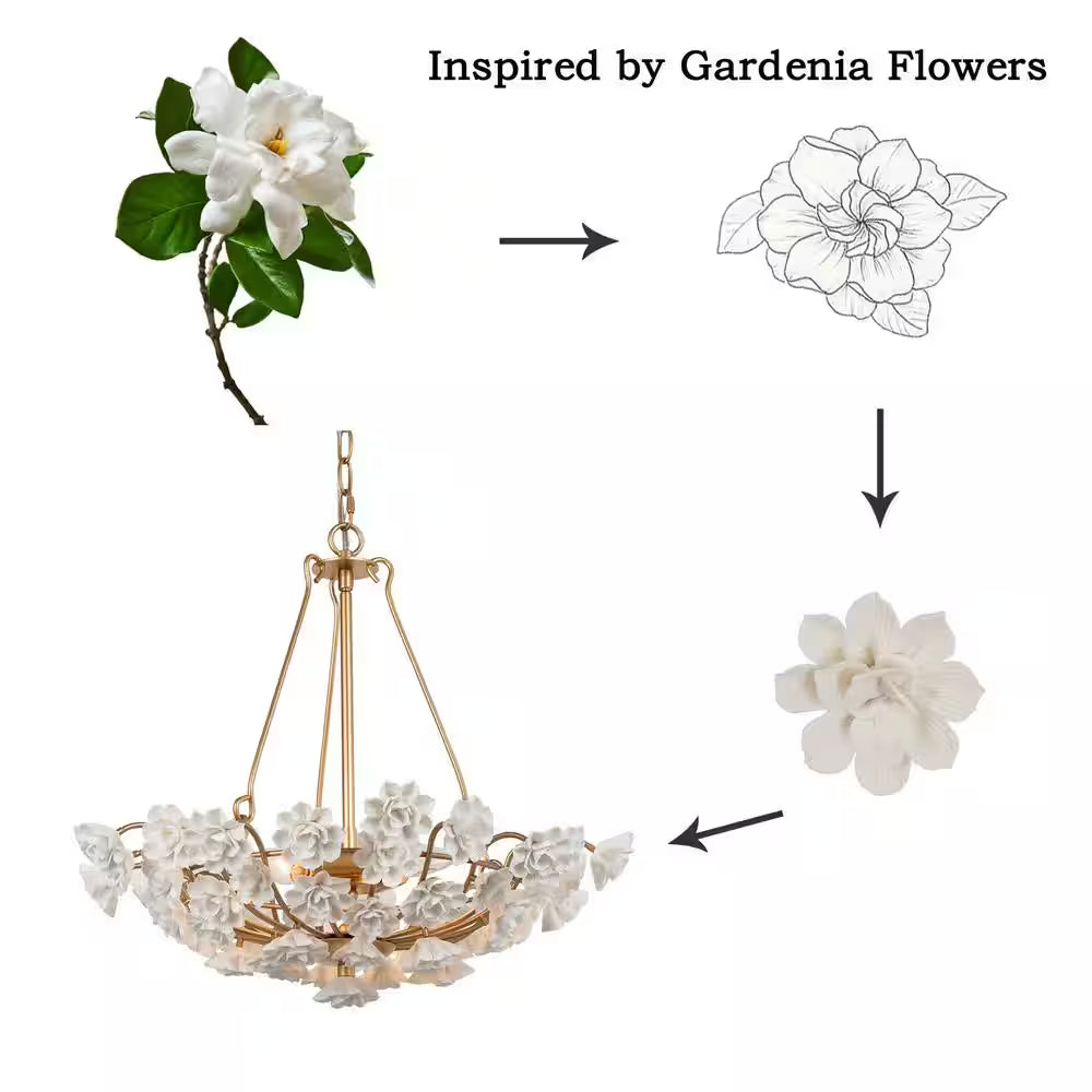 Modern Brass Gold Island Chandelier Light 3-Light round Chandelier Light with Ceramic Flowers