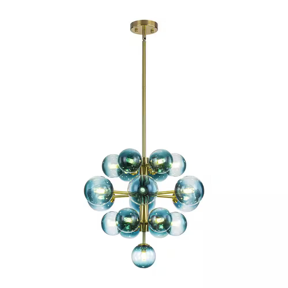 Alex 19-Light Brushed Gold Modern Glam Tiered Cluster Gradient Blue Glass Globe Bubble Chandelier for Dining Room