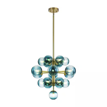 Alex 19-Light Brushed Gold Modern Glam Tiered Cluster Gradient Blue Glass Globe Bubble Chandelier for Dining Room