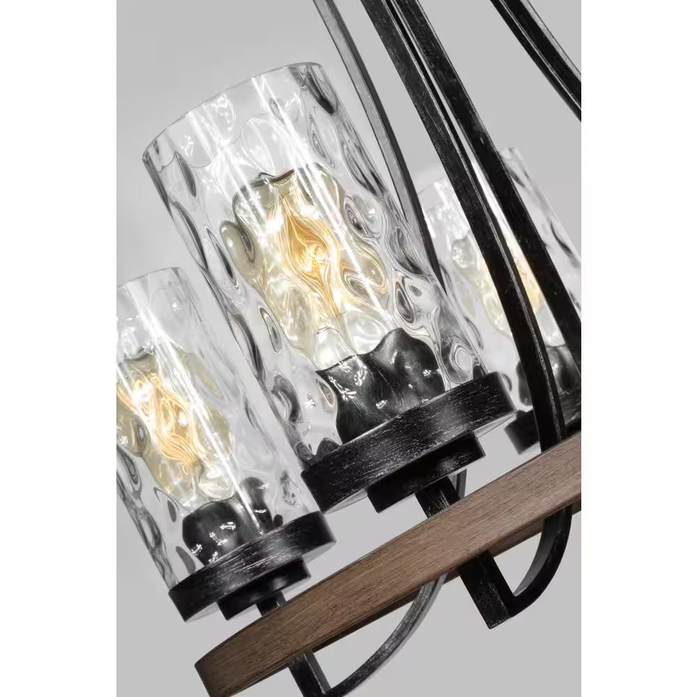 Gaston 5-Light Weathered Gray Rustic Farmhouse Wagon Wheel Chandelier with Distressed Oak Accents and Water Glass Shades