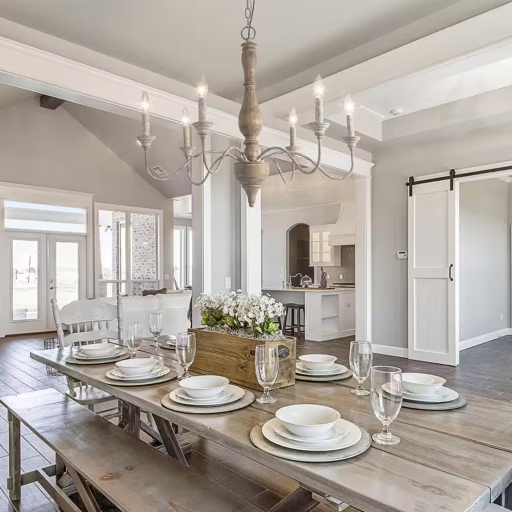Wood Candlestick Chandelier 6-Light Distressed White Island Farmhouse Chandelier Rustic Pendant for Foyer with Open Arms