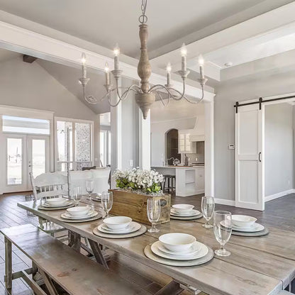 Wood Candlestick Chandelier 6-Light Distressed White Island Farmhouse Chandelier Rustic Pendant for Foyer with Open Arms