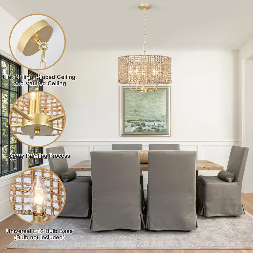 18.89 In. 5-Light Golden Bohemian Pendant Design Drum Chandelier with Natural Rattan Shade and No Bulbs Included
