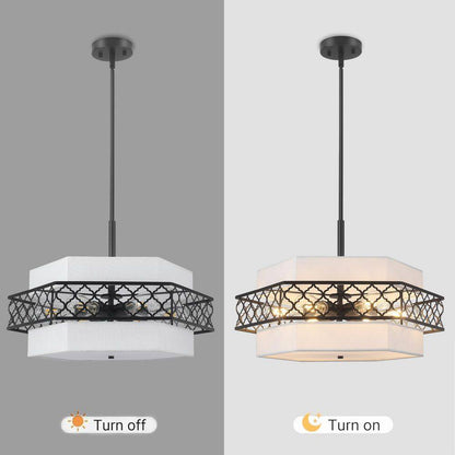 6-Light Modern Farmhouse Black Fabric Drum Chandelier for Living Room Kitchen Entryway Hallway Foyer