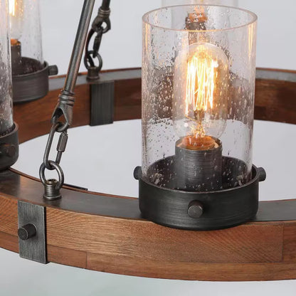 Bronze Farmhouse Chandelier Wood Wagon Wheel 6-Light Rustic Chandelier for Foyer with Seedy Glass and Aged Silver Metal