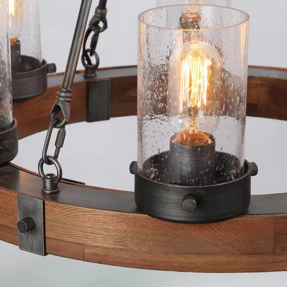 Bronze Farmhouse Chandelier Wood Wagon Wheel 6-Light Rustic Chandelier for Foyer with Seedy Glass and Aged Silver Metal