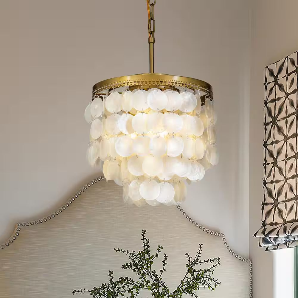 3-Light 13 In. Small Coastal Seashell Chandelier in Paintd Brass Farmhouse Pendant Light for Dining Room