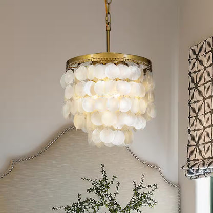 3-Light 13 In. Small Coastal Seashell Chandelier in Paintd Brass Farmhouse Pendant Light for Dining Room
