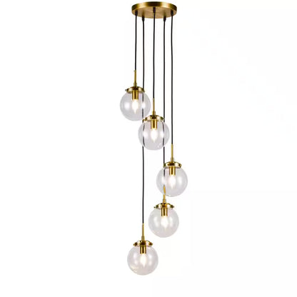 5-Light Modern Antique Gold Staircase Chandelier Clear Globe Bubble Glass Foyer Pendant