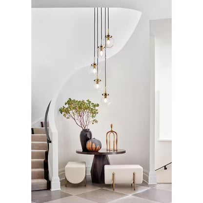 5-Light Modern Antique Gold Staircase Chandelier Clear Globe Bubble Glass Foyer Pendant
